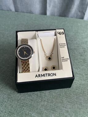Armitron Women's Gold Tone Watch Necklace Earrings Set Swarovski Crystals NIB